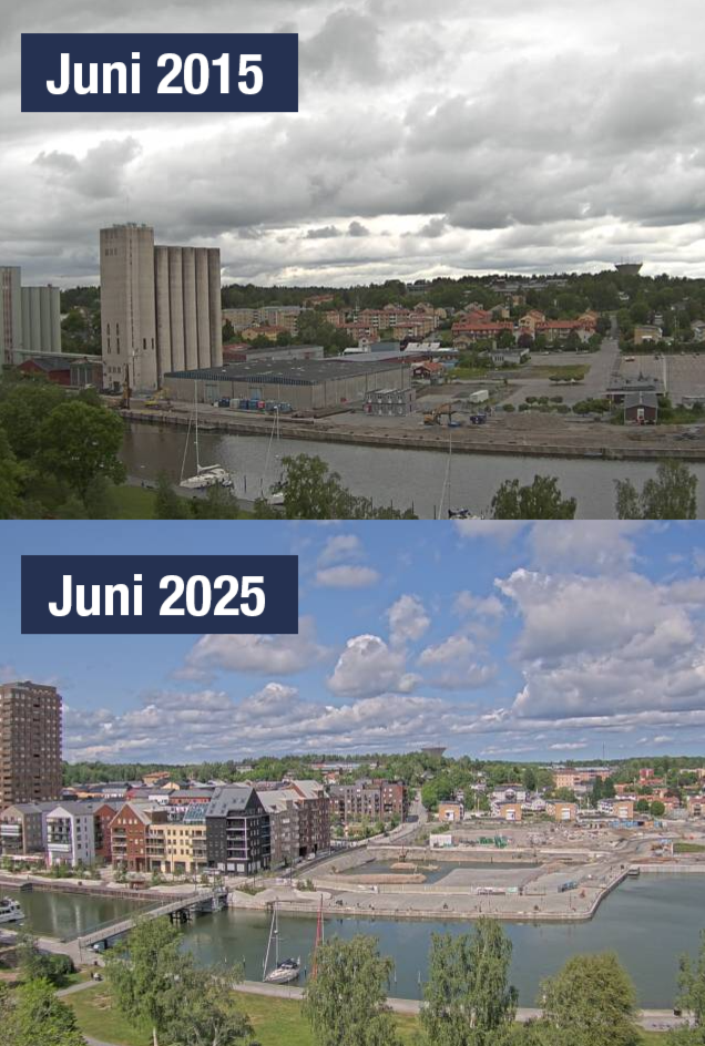 Kollage av två stillbilder från webbkameran som visar Norrtälje hamn. Den övre bilden visar juni 2015 och den under 2025.