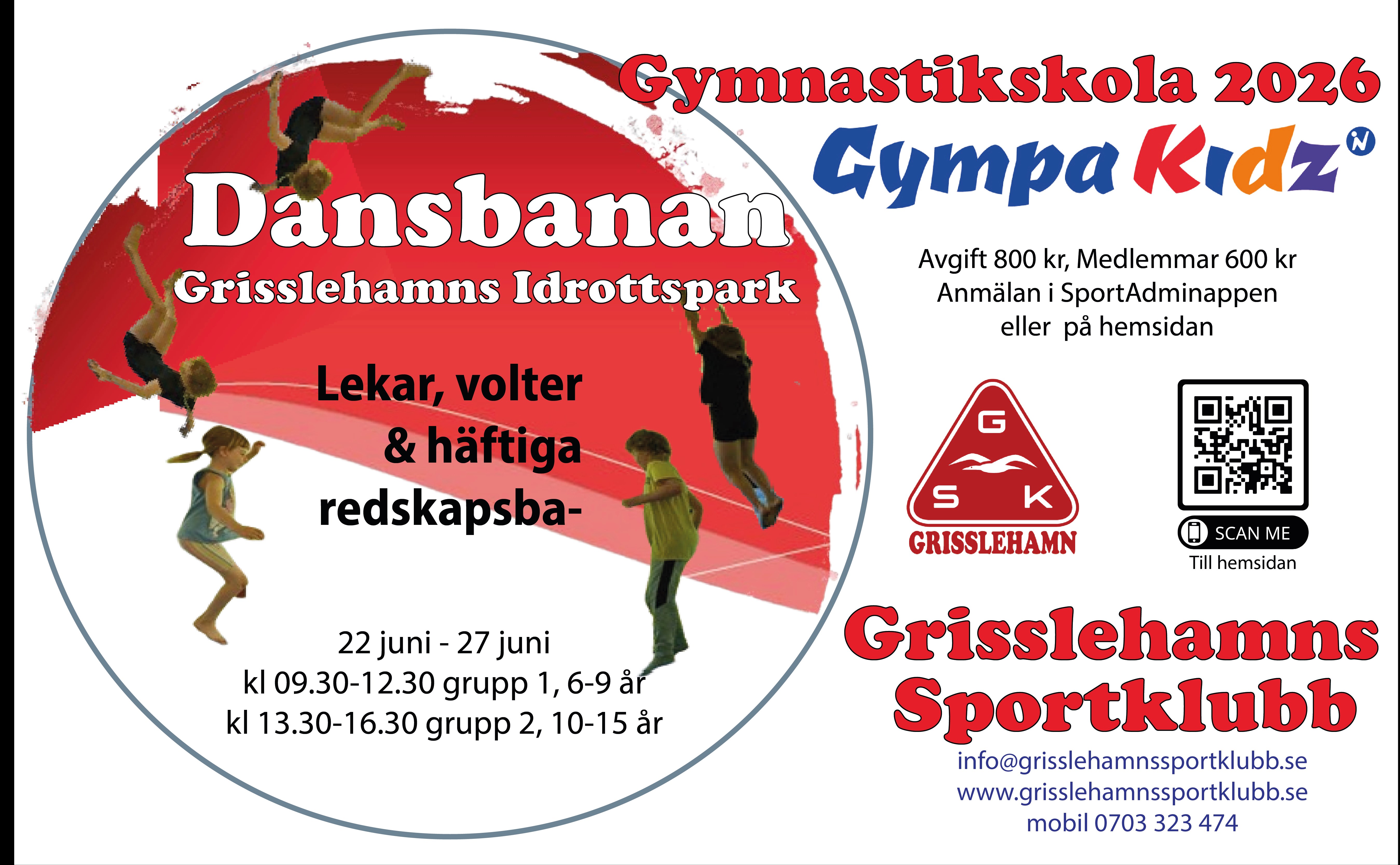 Barn i gymnastiska rörelse. Stor boll i bakgrunden