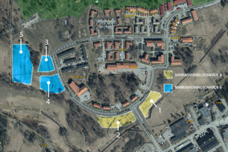 Kartbild &ouml;ver F&auml;rsna med ett omr&aring;de markerat med bl&aring; f&auml;rg och ett omr&aring;de markerat med gul f&auml;rg.