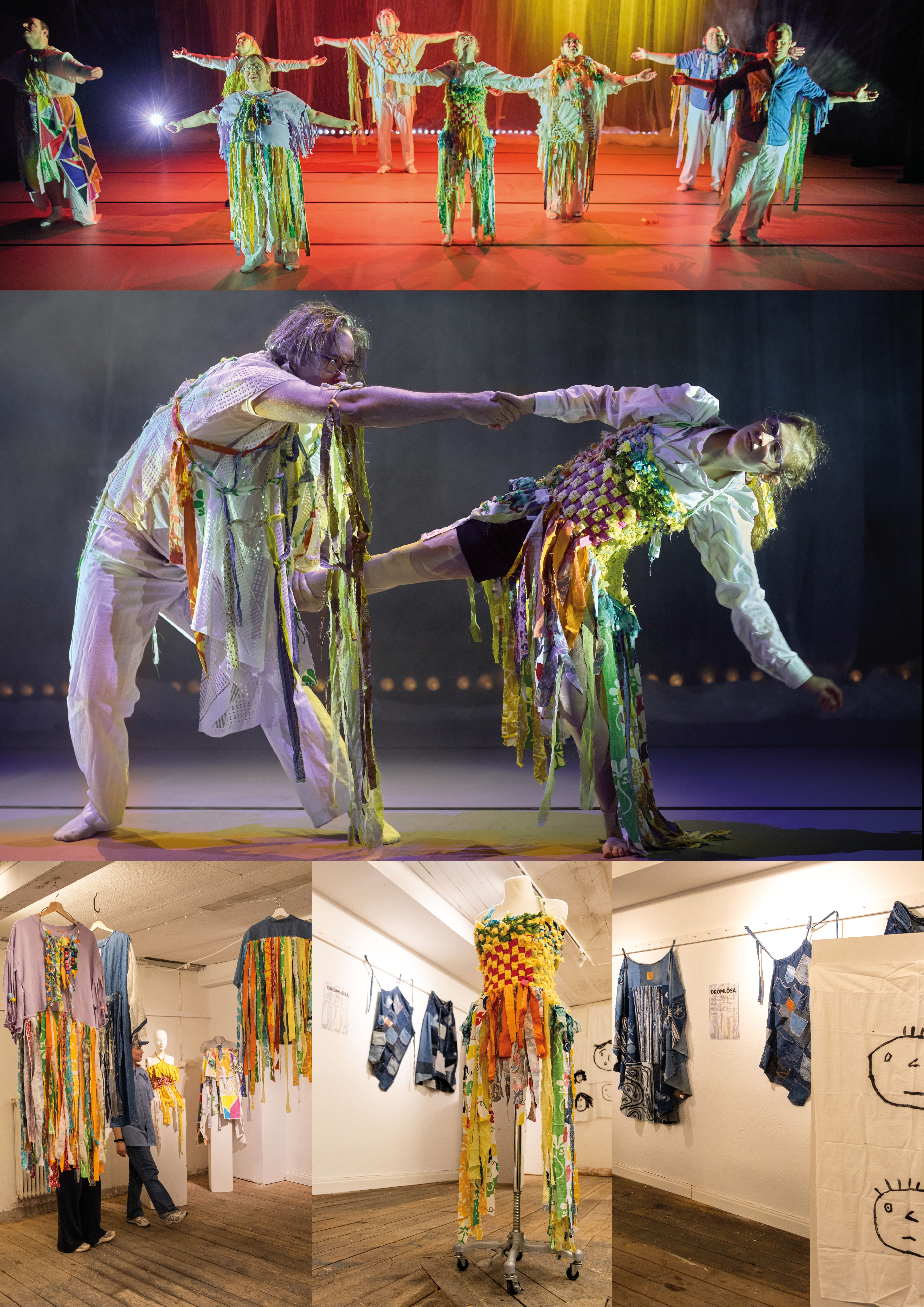 Utstälningsbild med kläder omskapade av textiler