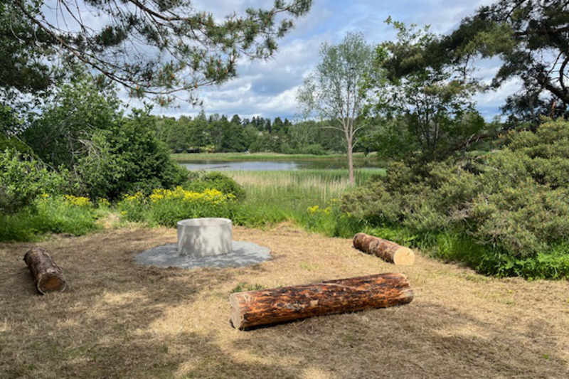 stockar runt en grillplats. I bakgrunden syns en sjö och grönska.
