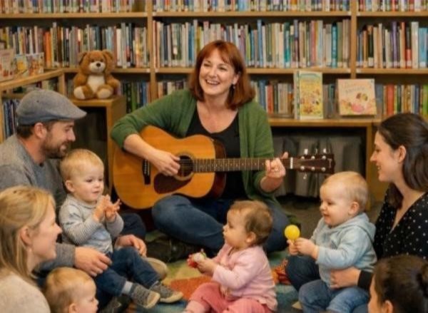 En grupp med föräldrar och små barn sitter i ring kring en vuxen kvinna som spelar gitarr. De sjunger och är glada.