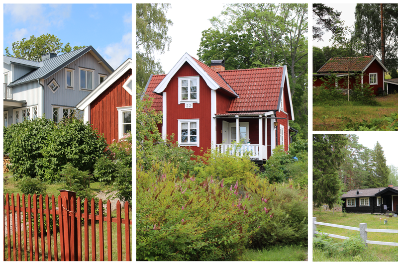 Ett blått, tre röda och en brun sommarhus