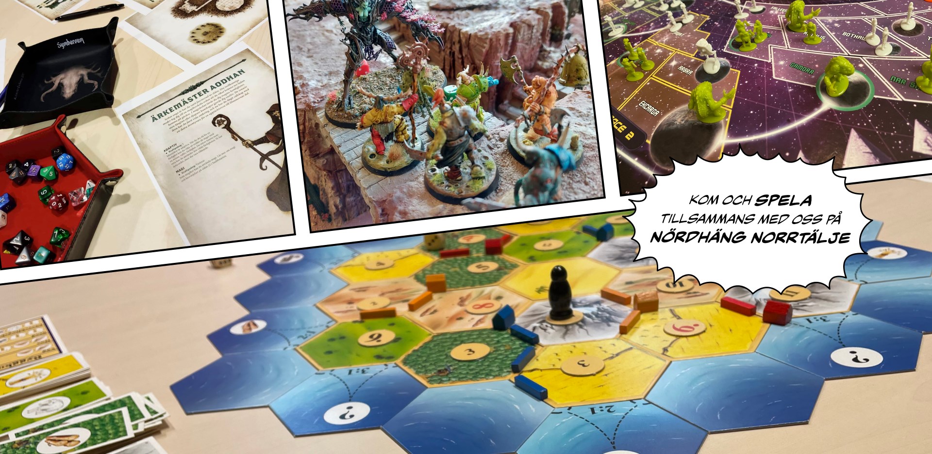 En bild på olika spel och en uppmaning att komma till Nördhäng