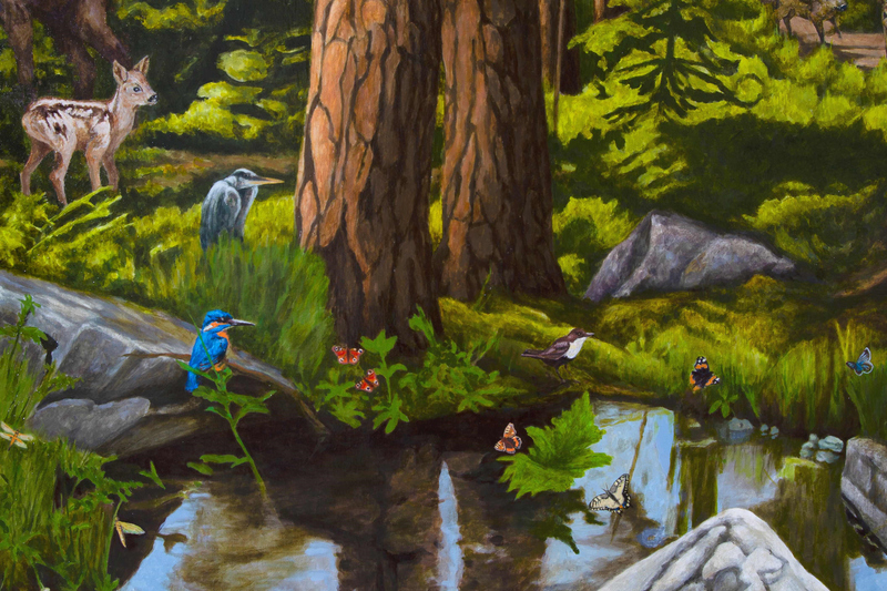 Målning av en skog med djur. Ett vattendrag syns i framkant, i övrgt skog. Två fåglar och ett rådjur syns i bilden
