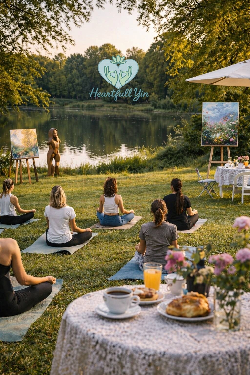 yogande människor i grön park med en sjö och vackra konstverk