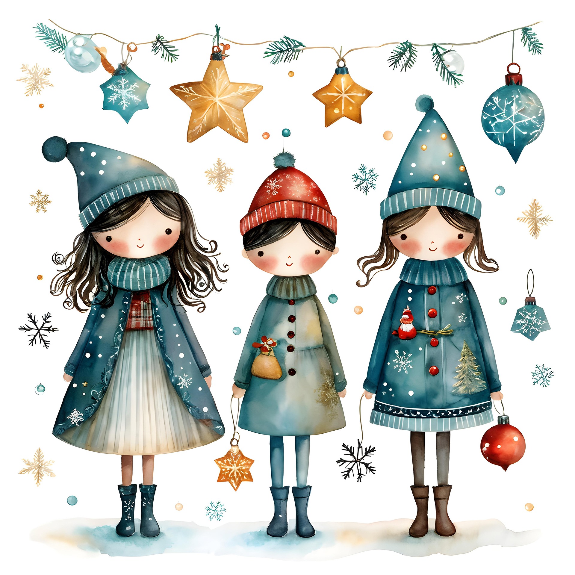 Tre barn i vinterkläder. Juldekorationer på vit bakgrund.