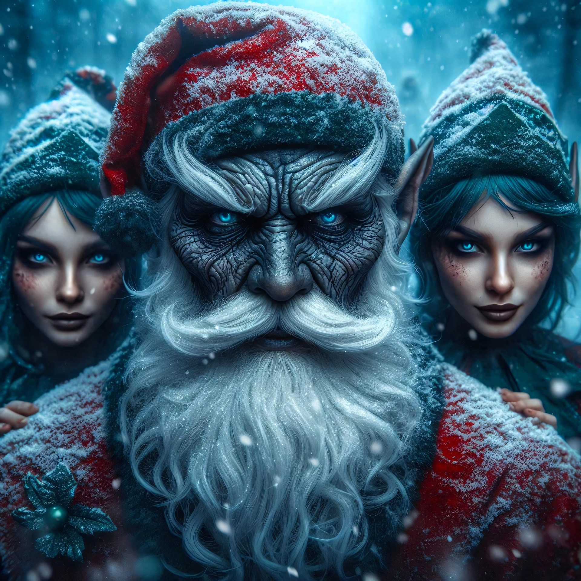 Ond tomte med två lömska älvor i bakgrunden.