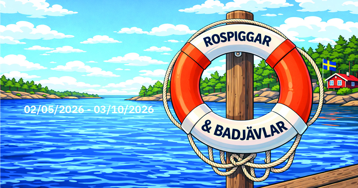En tecknad bild av skärgård med en livboj med texten Rospiggar & Badjävlar. 