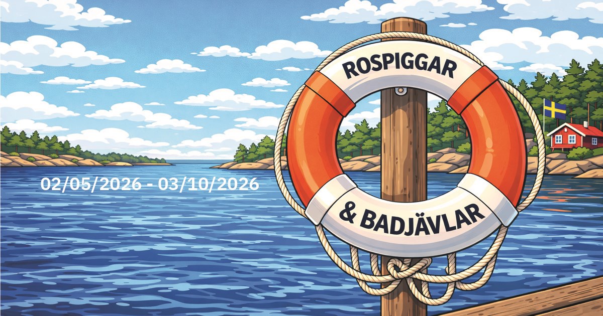 En tecknad bild av skärgård med en livboj med texten Rospiggar & Badjävlar. 