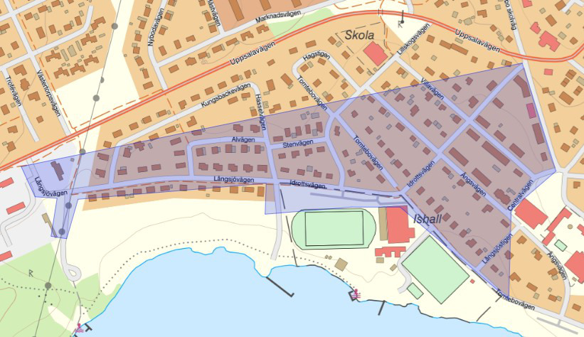 Karta som visar det i texten beskriva området i Rimbo.