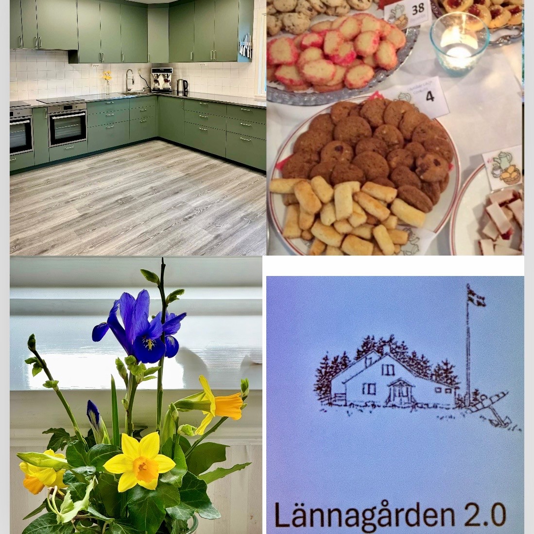 En collage-bild med blommor, kakfat och en interiör från köket på Lännagården.