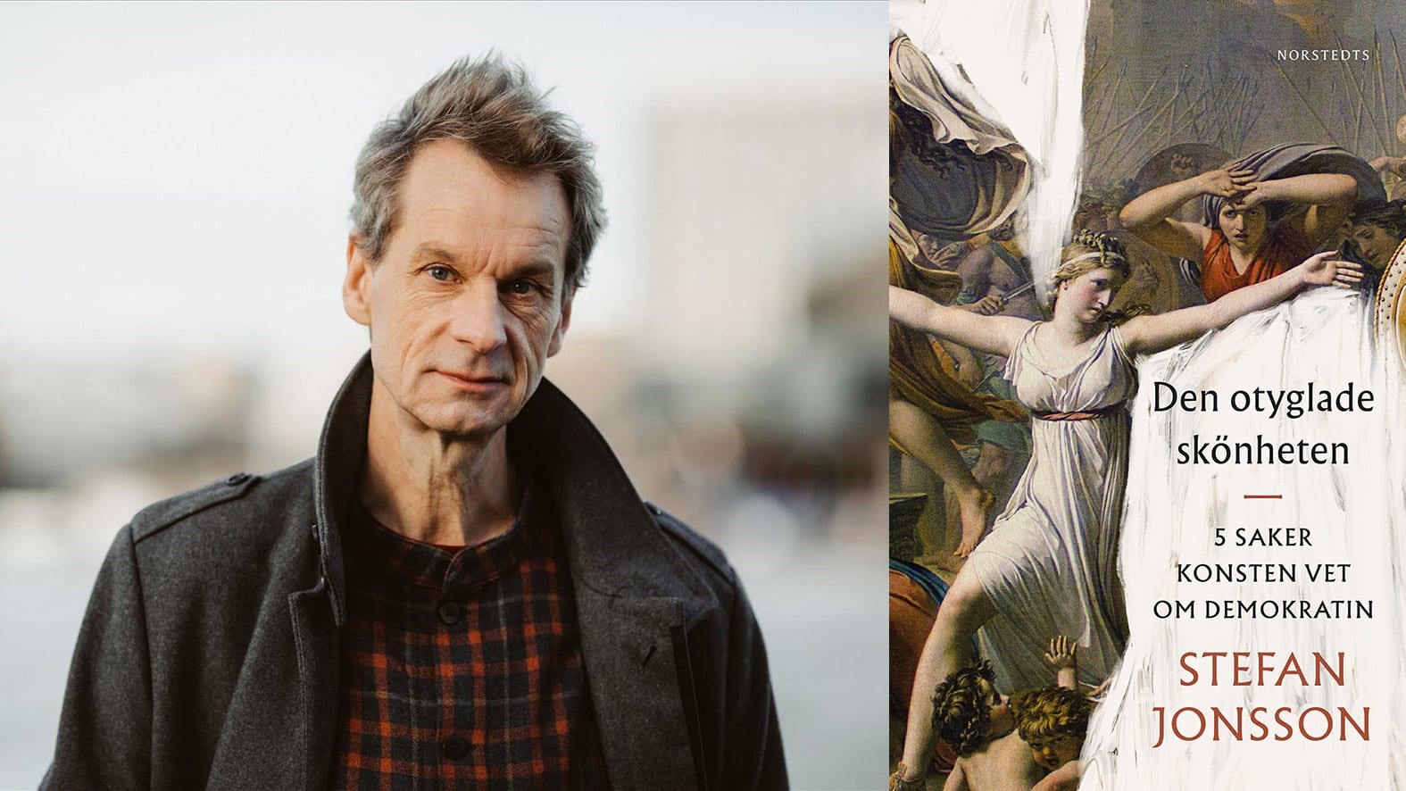 Fotografi på föreläsaren Stefan Jonsson samt bild på framsida av bok.