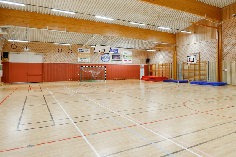 Sporthall med ringar i taket, fotbollsmål och basketkorg