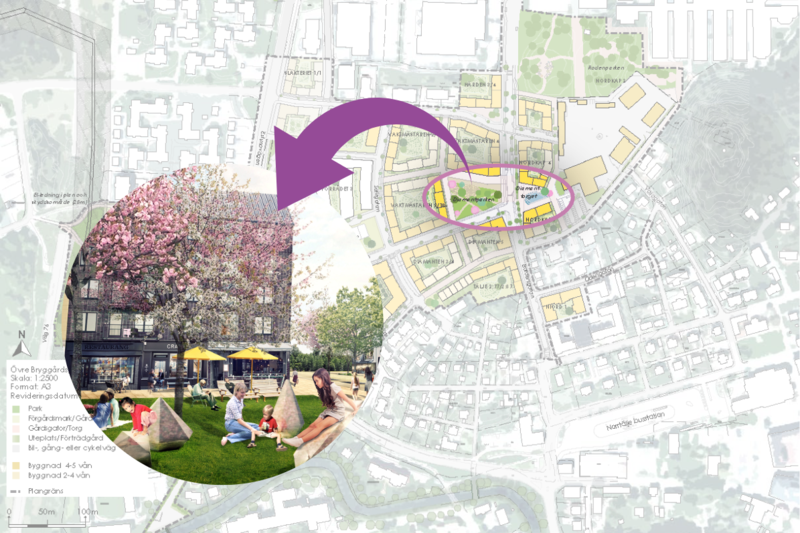 Karta med markering där Diamantparken kommer ligga och en pil till en visionsbild som visar grönska, körsbärsträd och barn som leker
