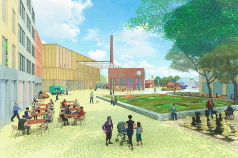 illustration över ett torg med det stora gamla mejeriet i bakgrunden