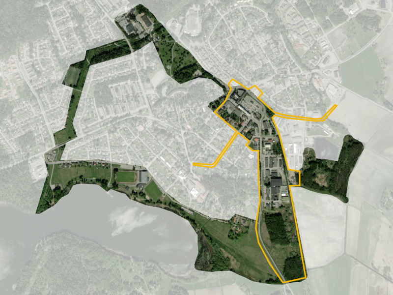 Karta över Rimbo med ringen och projektområdet markerat.