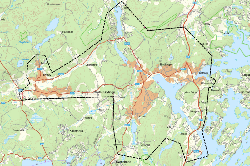 En karta med ett område över Bergshamra och Riala markerat med svart
