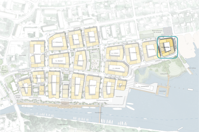 Karta över Norrtälje hamn med kvarteret Masten inringat i blått