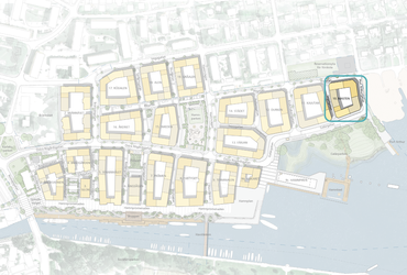 Karta över Norrtälje hamn med kvarter 10 markerat i blått