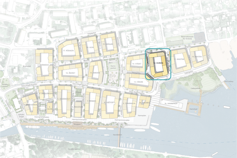 Karta över Norrtälje hamn med kvarter 12 markerat i blått