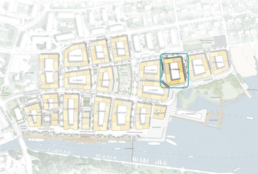 Karta över Norrtälje hamn med kvarter 12 markerat i blått