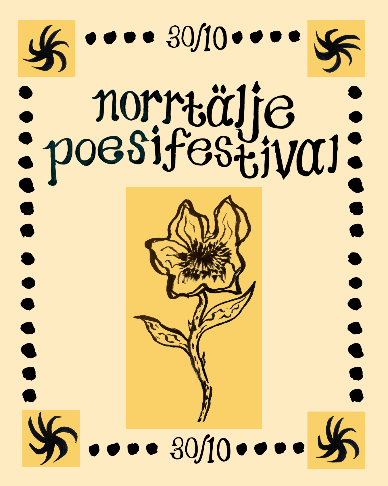 Affisch med texten Norrtälje poesifestival samt illustration av solar och en ros
