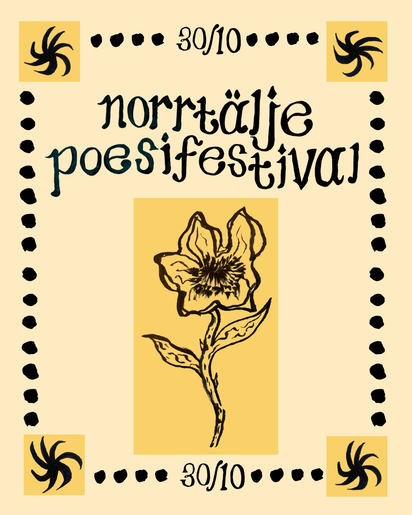 Affisch med texten Norrtälje poesifestival samt illustration av solar och en ros