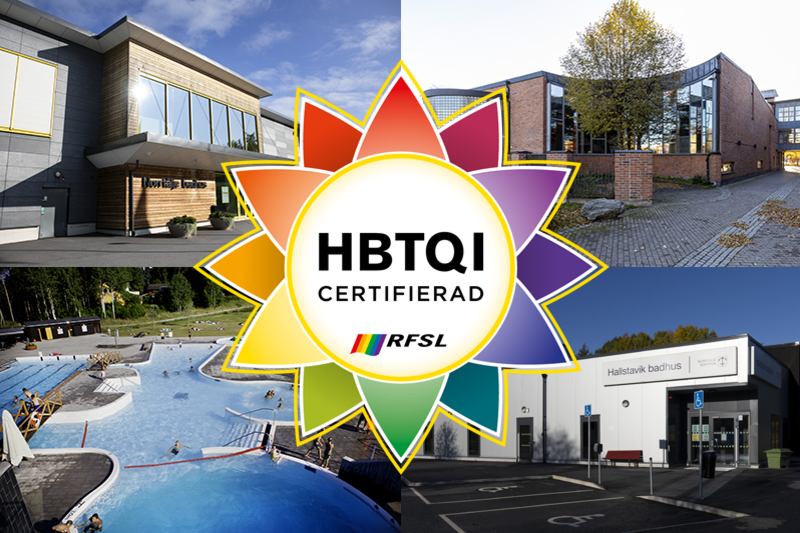 Kollage med Norrtälje kommuns tre badhus samt utomhusbad. Ovanpå alla badhusen ligger logotypen för hbtqi-certifiering.