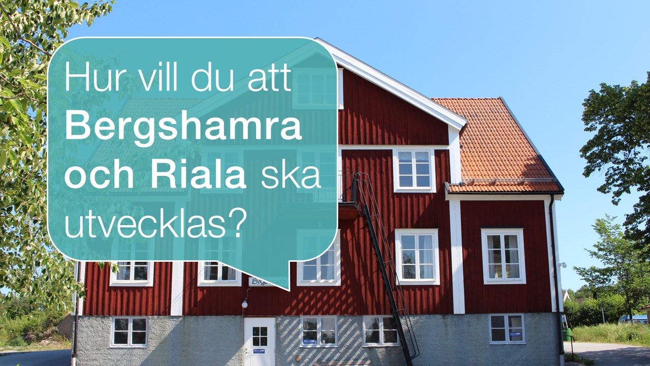 En bild på Bergshamra bygdegård i bakgrunden och en pratbubbla framför husen som säger "Hur vill du att Bergshamra och Riala ska utvecklas?"