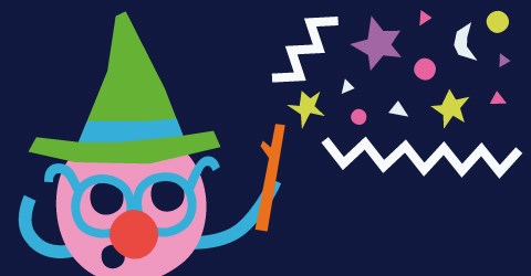 Bibliotekets maskot med hatt och trollstav.