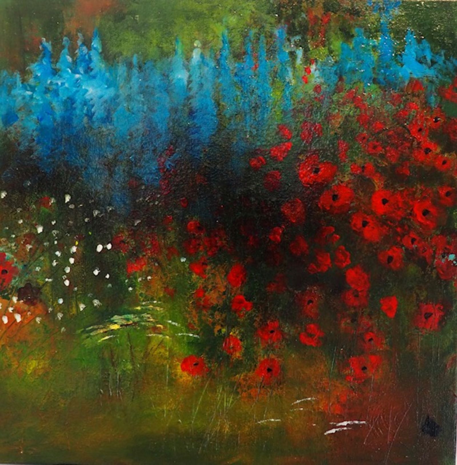 Färgrik suggestiv målning med blommande natur.