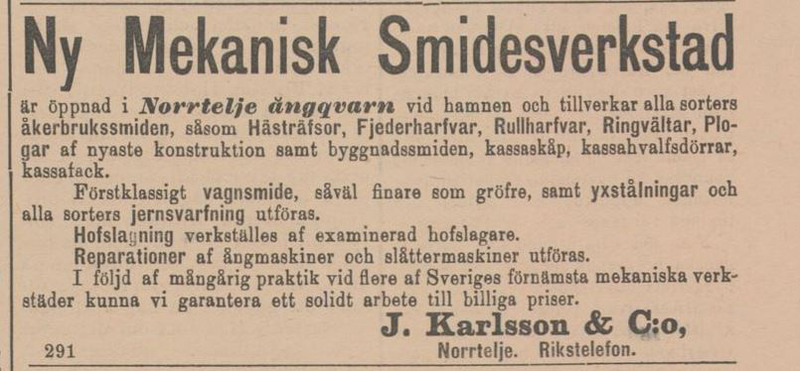 Annons om att Norrtälje Ångkvarn har öppnat i hamnen.