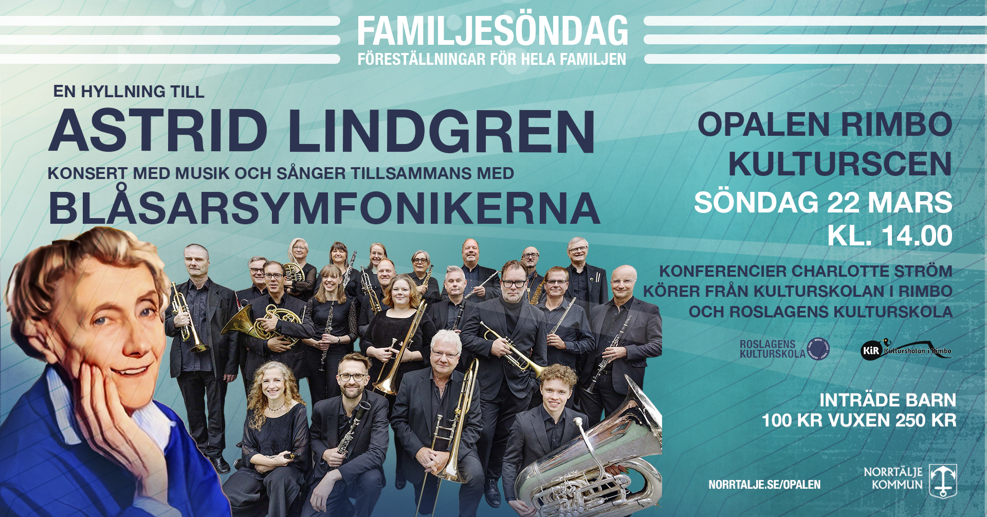 Bild på Astrid Lindgren och Blåsarsymfonikerna som ser in i kameran