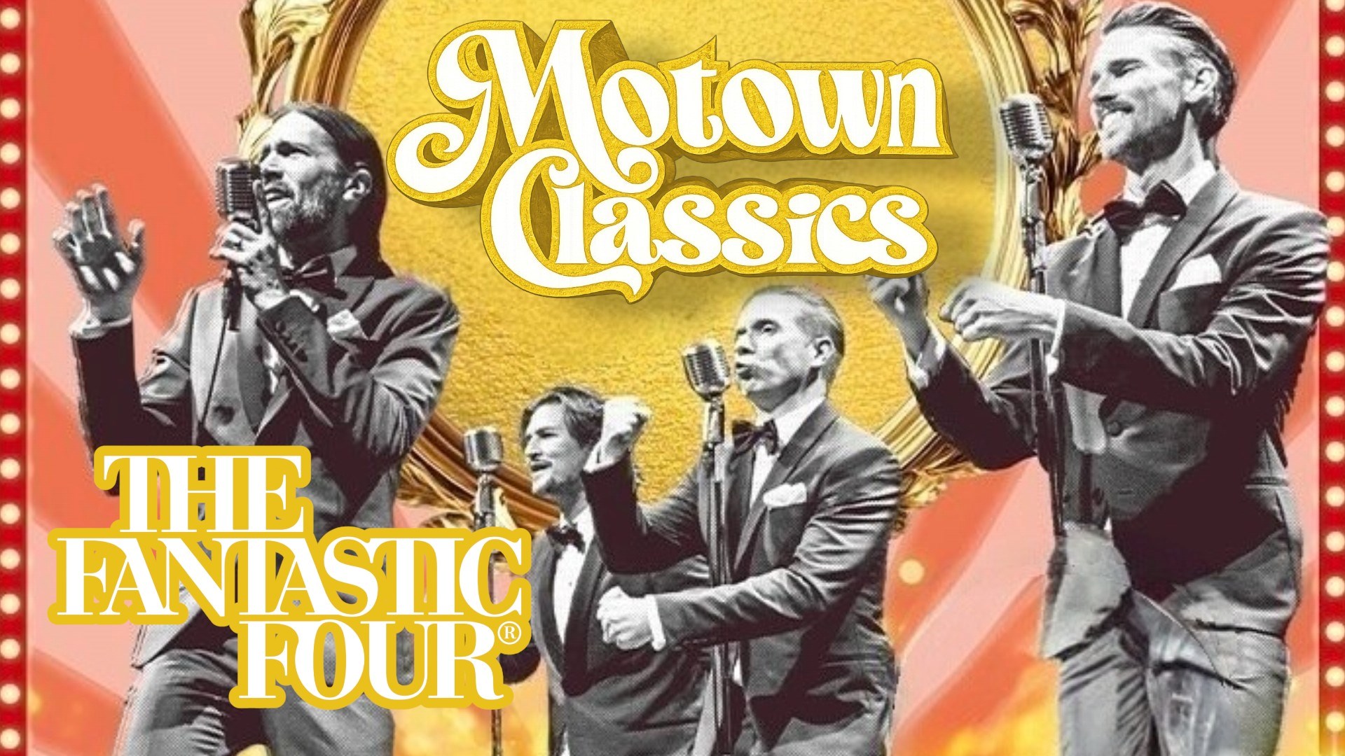 Fyra personer klädda i kavajer med mickar framför sig. Texten The Fantastic Four och Motown Classics omger kvartetten.