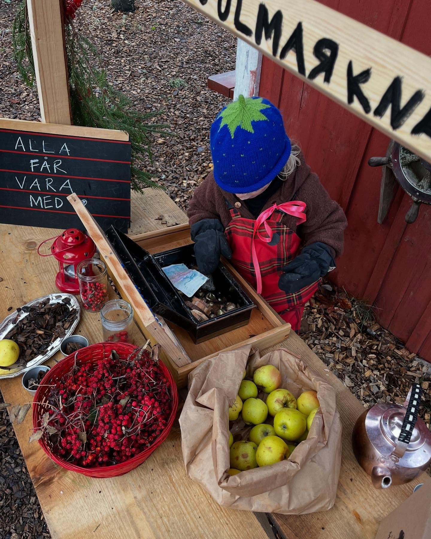 Ett barn som leker i marknadsstånd på Färsna gård