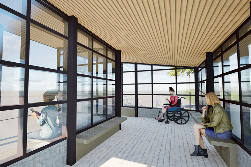 Illustration av liten byggnad i glas med sedumtak.