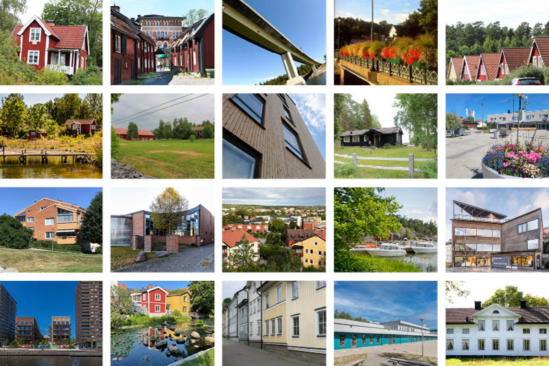 Kollage med bilder på röda hus, stadshuset, broar, gårdar, lägenhetshus, gamla skolor, nya skolor och vatten.