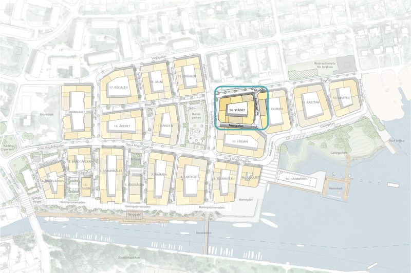 Karta över Norrtälje hamn med kvarter 14 markerat i blått