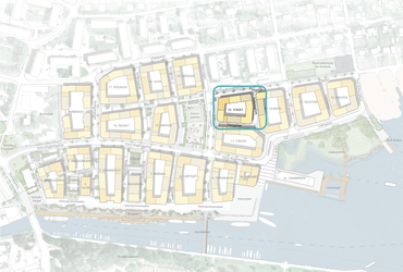 Karta över Norrtälje hamn med kvarter 14 markerat i blått