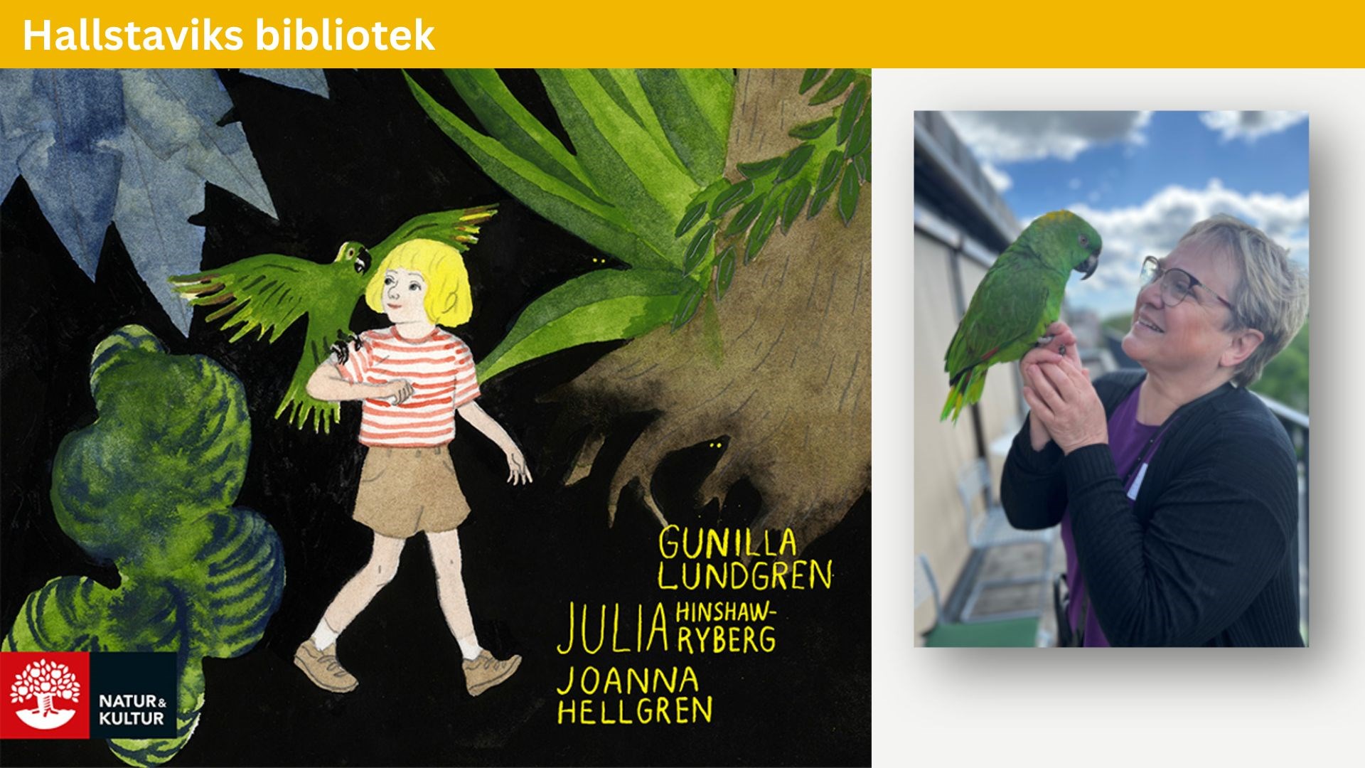 Bokomslag samt foto på Julia & papegojan Arturo.