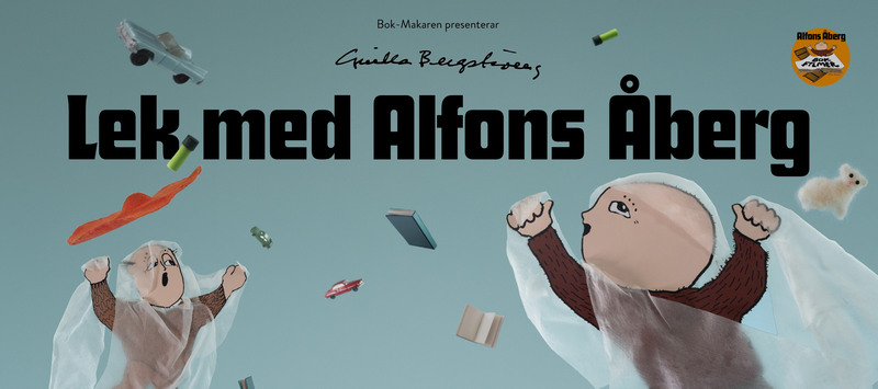 Ljusblå bakgrund med Alfons Åberg och hans pappa. Både Alfons och pappan har bruna tröjor.