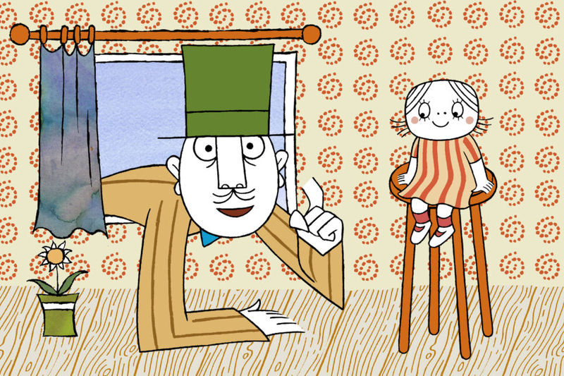 Långa farbrorn klädd i gult och grön hatt lutar sig in genom ett fönster i ett rum där en liten flicka sitter på en pall. Flickan har randig klänning på sig.