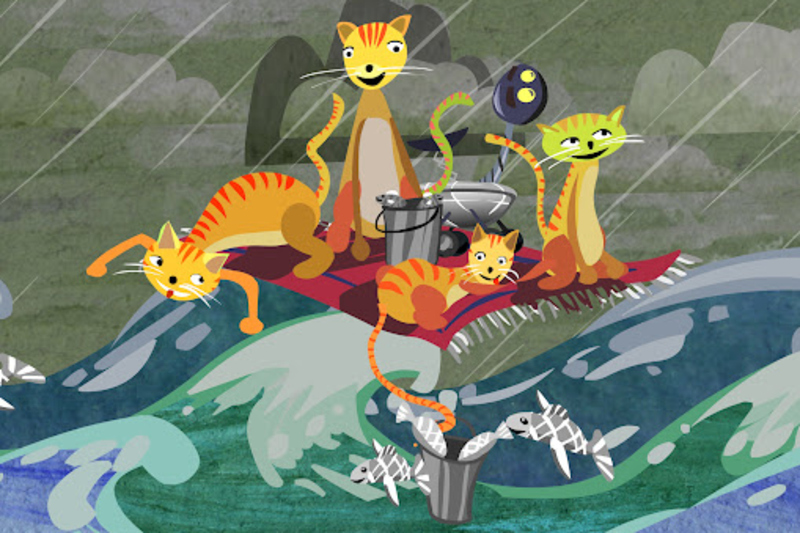 Tecknad bild. Fyra gula katter sitter på en röd matta som åker på stora vågor på havet.