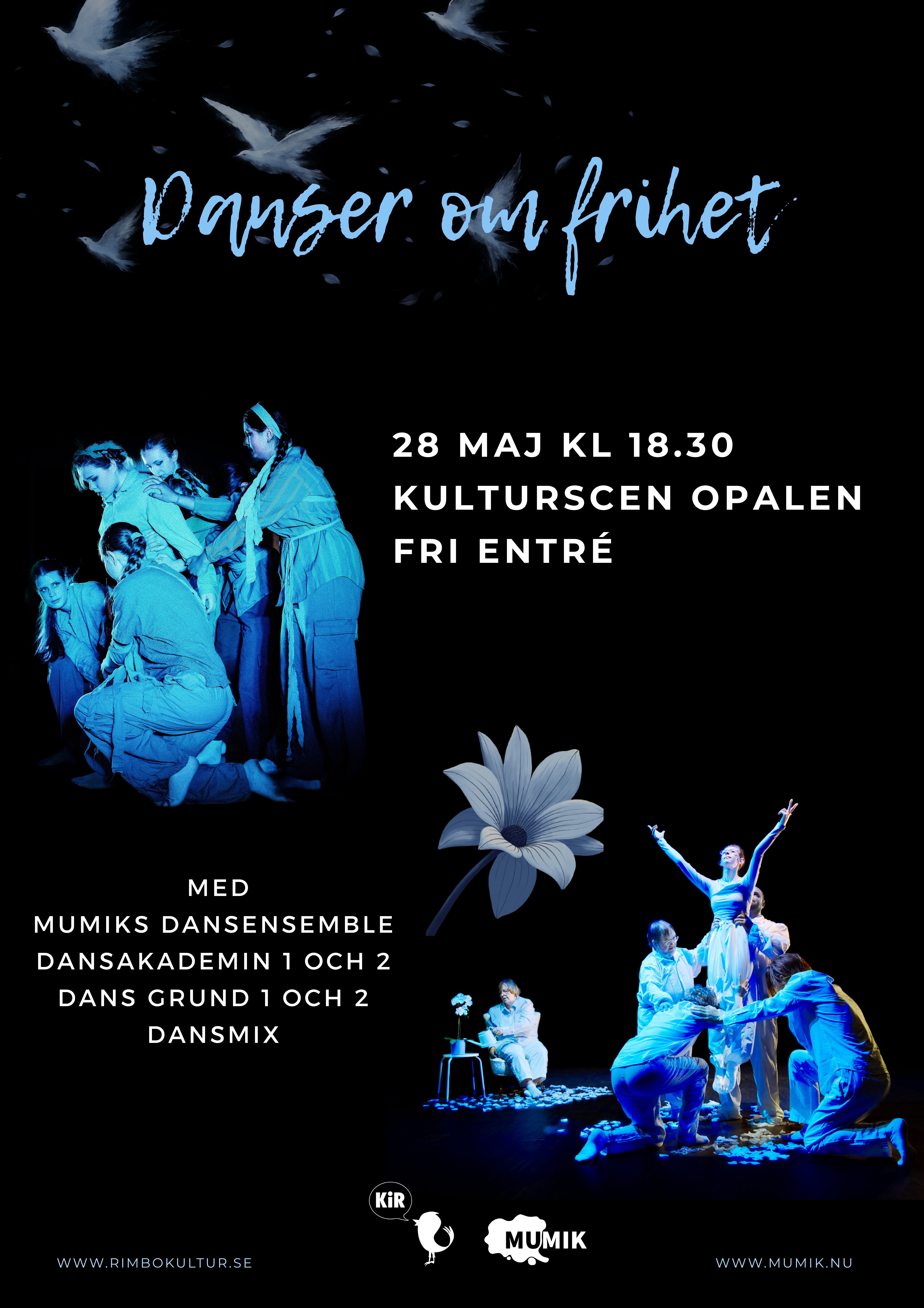 Två dansensembler syns på bild i blått ljus mot en mörk bakgrund. BIlden har titeln "Danser om frihet". 