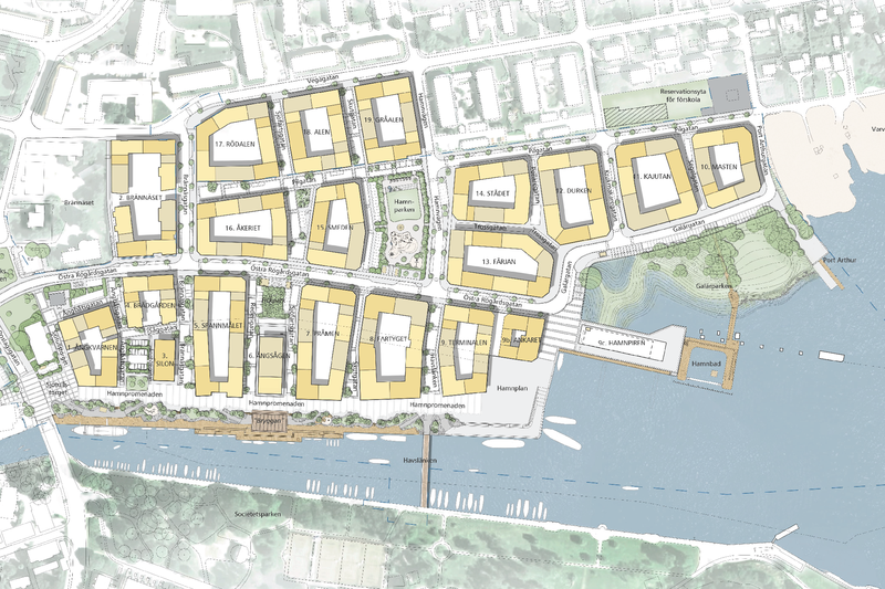 Karta som visar utvecklingsplanen för stadsutvecklingen av hamnområdet i Norrtälje stad