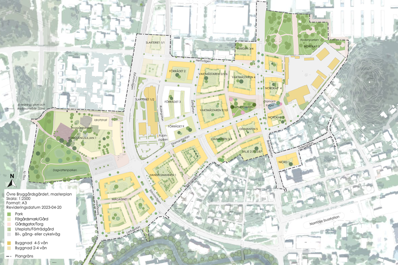 Karta som visar utvecklingsplanen för området Övre Bryggårdsgärdet i Norrtälje stad