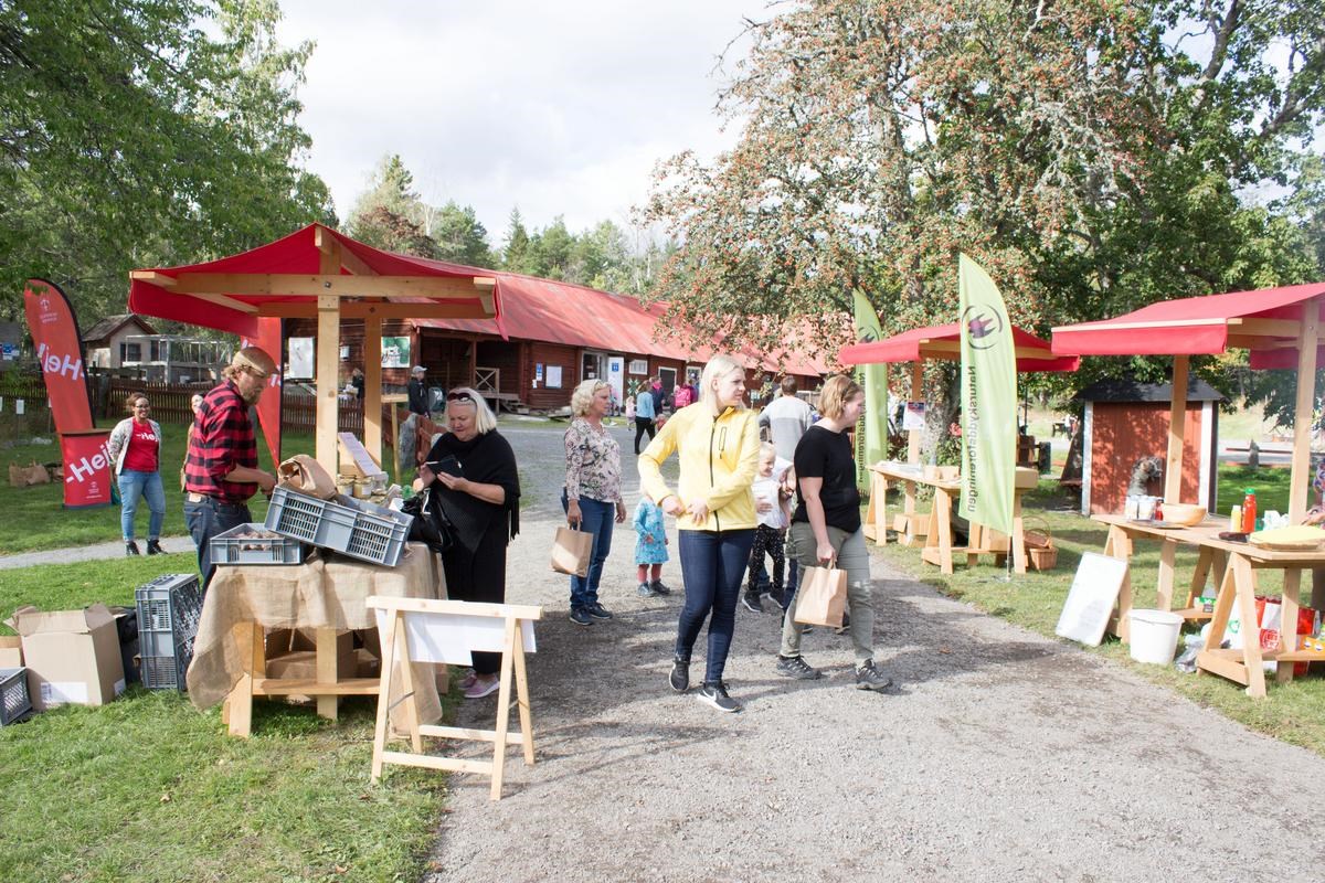 Bilden beskriver marknadsstånd och försäljare på Färsnadagen på Färsna gård