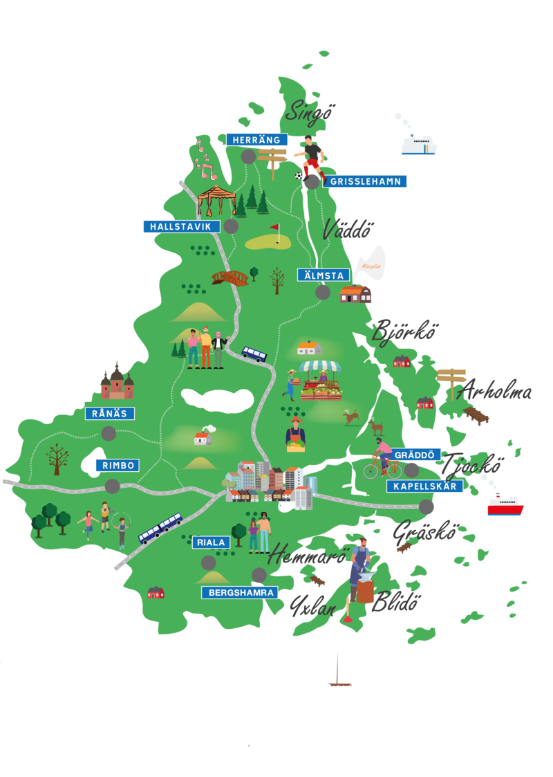 Illustration som föreställer en karta över norrtälje kommun, orter finns utsatta, tillsammans med illustrationer som visar vad som finns på det olika orterna.