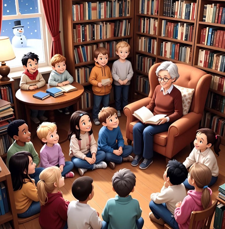 En bibliotekarie sitter i en fotölj inne i ett bibliotek och läser. I en ring runt om sitter barn och lyssnar.